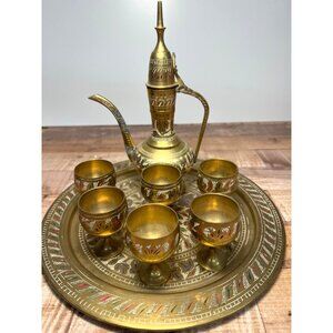 Aftaba Ewer 6 Cups Tray Lot Etched Brass Teapot Set Pitcher India Vintage Dallah